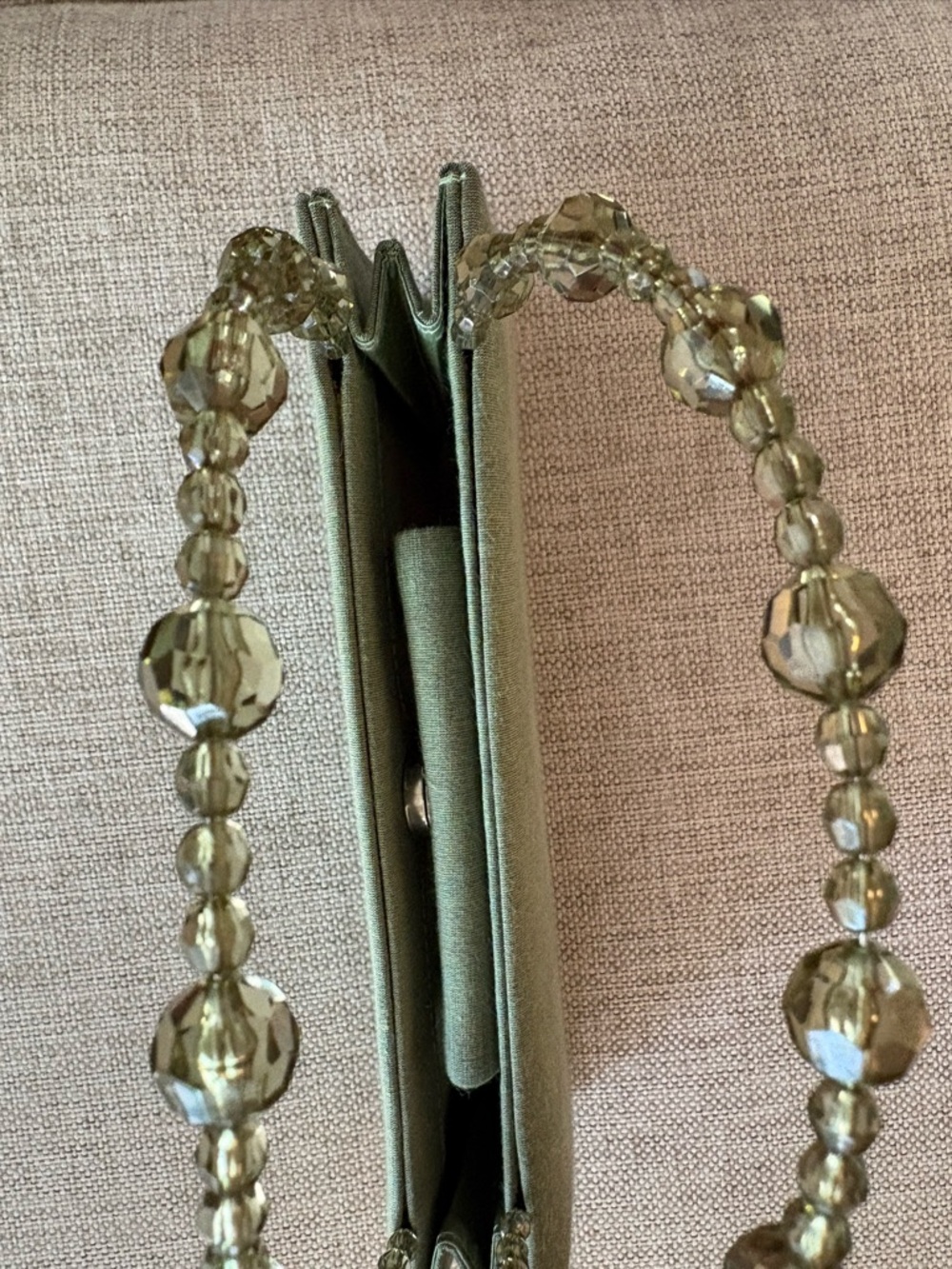 Talbots Sage Green Linen Silk Mini Bag Beaded Handle Structured Evening Clutch - Picture 8 of 10